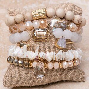 Harper Stretch Bracelet Set | Neutral Beaded Stretch Bangle Bracelet Set